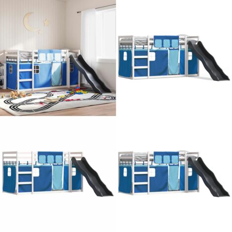 Litera con tobogán y cortinas azul 90x200 cm - Cama con tobogán - Litera para niños