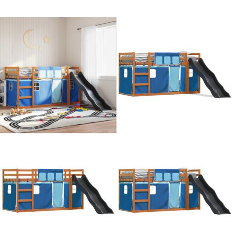 Litera con tobogán y cortinas azul 90x200 cm - Cama para niños - Cama con tobogán