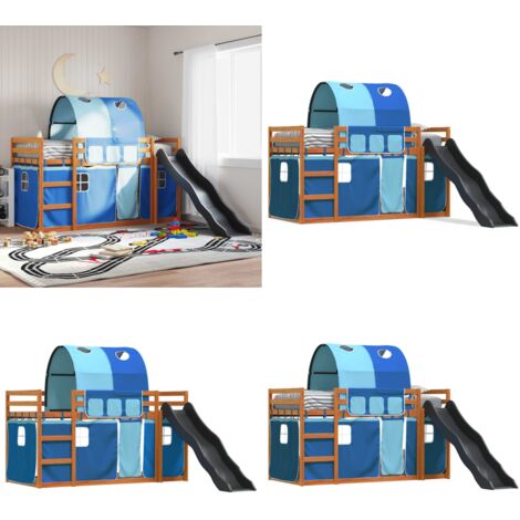 Litera con tobogán y cortinas azul 90x200 cm - Cama para niños - Cama con tobogán