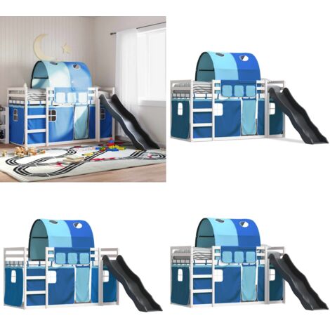 Litera con tobogán y cortinas azul 90x200 cm - Cama para niños - Litera con cortinas