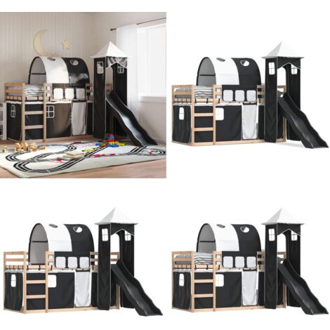 Litera con tobogán y cortinas blanco y negro 80x200 cm - Cama para niños - Cama con tobogán