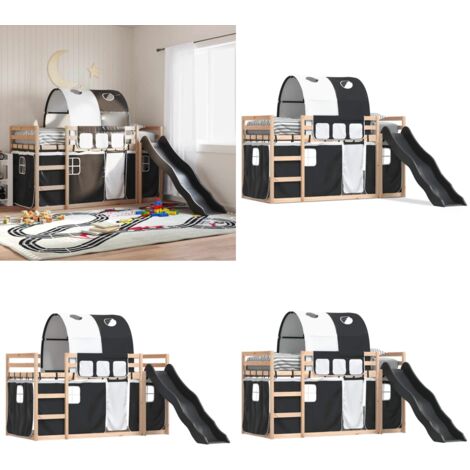 Litera con tobogán y cortinas blanco y negro 80x200 cm - Cama para niños - Cama con tobogán
