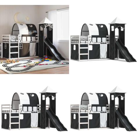 Litera con tobogán y cortinas blanco y negro 90x190 cm - Cama para niños - Cama con tobogán
