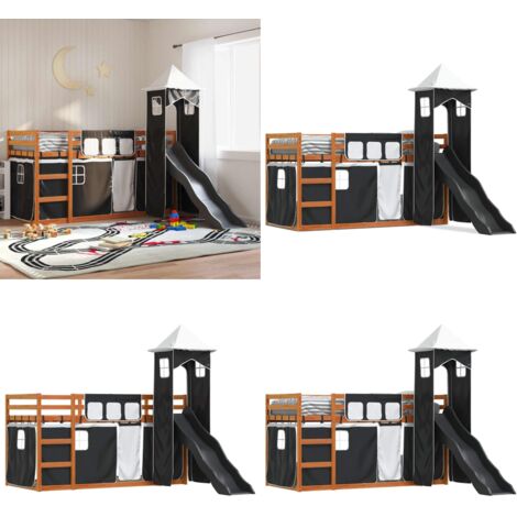 Litera con tobogán y cortinas blanco y negro 90x200 cm - Litera para niños - Cama con tobogán