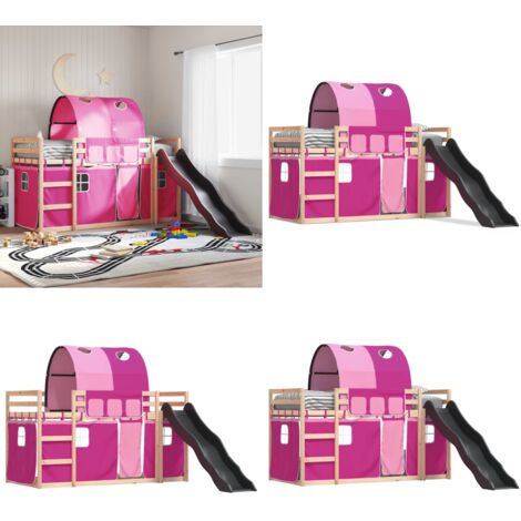 Litera con tobogán y cortinas rosa 90x190 cm - Cama para niños - Cama con tobogán