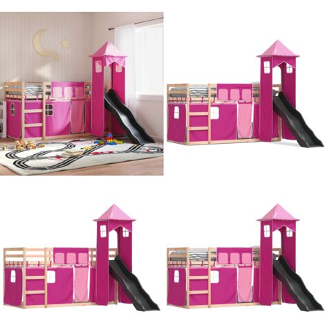 Litera con tobogán y cortinas rosa 90x190 cm - Cama para niños - Cama con tobogán