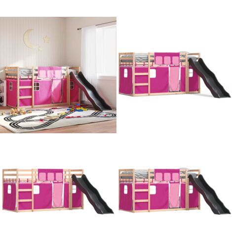 Litera con tobogán y cortinas rosa 90x190 cm - Cama para niños - Cama con tobogán