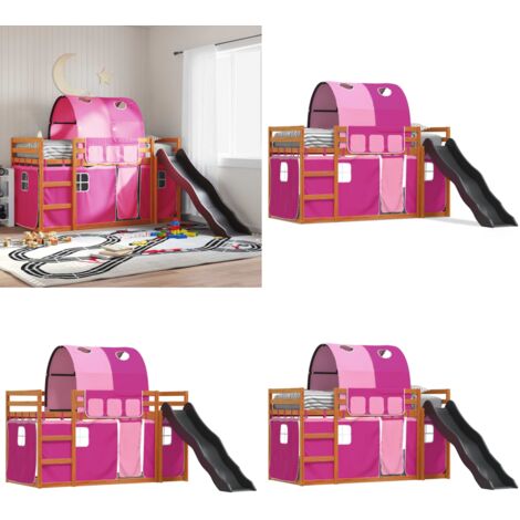 Litera con tobogán y cortinas rosa 90x200 cm - Cama para niños - Cama con tobogán