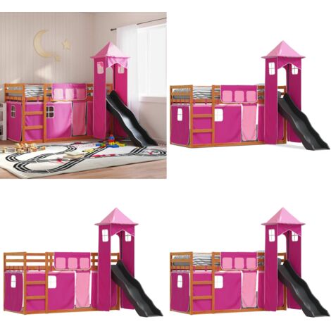 Litera con tobogán y cortinas rosa 90x200 cm - Cama para niños - Cama con tobogán