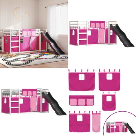 Litera con tobogán y cortinas rosa 90x200 cm - Cama para niños - Litera con cortinas
