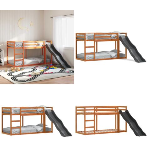 Litera con tobogán y escalera madera maciza marrón 90x200 cm - Litera con tobogán - Escalera para niños