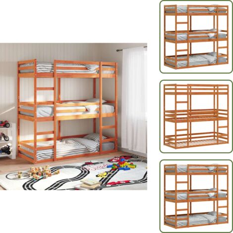 Litera de madera - vidaXL Litera triple de madera maciza de pino marrón cera 90x200 cm - Cama de madera maciza