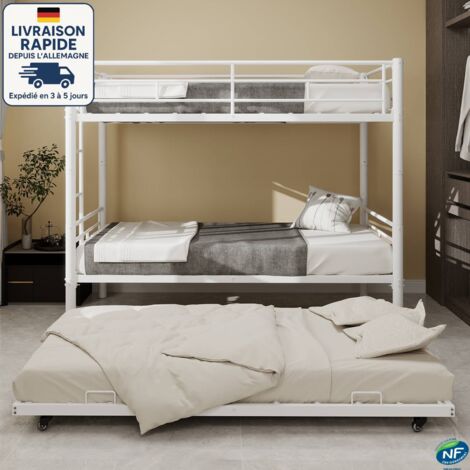Litera de metal 90x190 - Bring a Bed - Se convierte en dos camas con escalera y barandilla - Fácil montaje - Blanco
