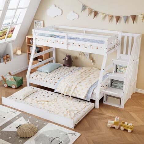 MODFU Litera doble infantil 90/120x200cm con cama nido 90x190cm, escalera con contenedor, pino + MDF, sin colchón, blanco