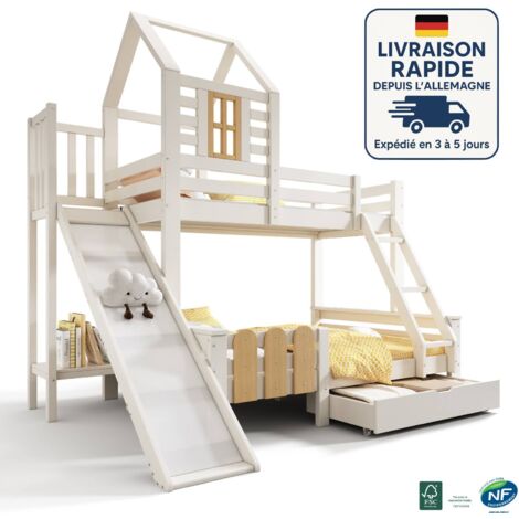 Litera infantil - 90x200 y 140x200 cm - Cama alta infantil con somier de láminas, diseño de cabaña de madera, cumple con la norma de seguridad EN747-1:2024