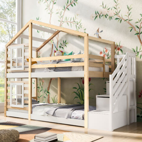 Litera infantil con diseño de cabina, 90 x 200 cm, con almacenaje y cajones, madera maciza y MDF, natural y blanco