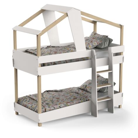 Litera Juvenil Infantil 90x190 cm Timber Color Blanco Mate y Beige en Forma de Cabaña, Mueble de Dormitorio
