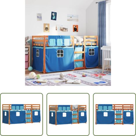 Litera para niños -  Litera con cortinas madera maciza de pino azul 90x190 cm