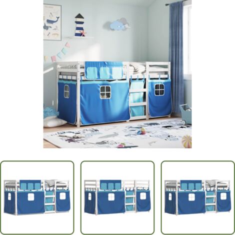 Litera para niños -  Litera con cortinas madera maciza de pino azul 90x200 cm