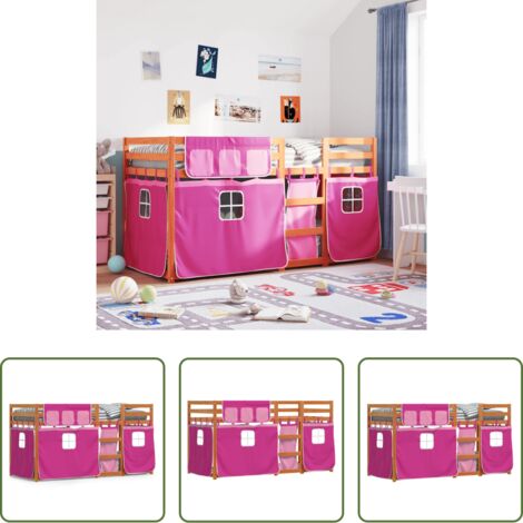Litera para niños -  Litera con cortinas madera maciza de pino rosa 90x190 cm