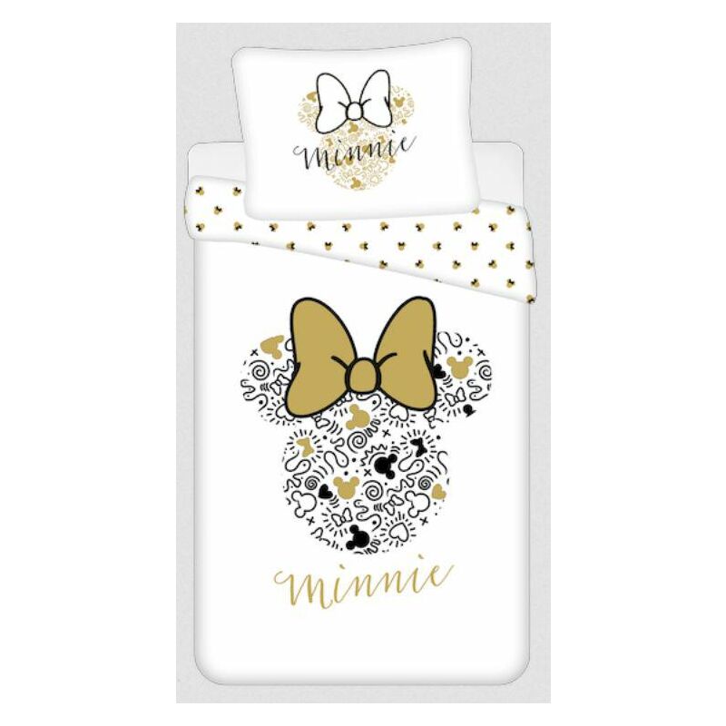 Literie coton 140x200 Minnie Gold Mini Mouse 8339 nœuds taie d'oreiller 70x90 blanc beige