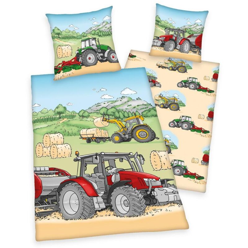 Literie coton 140x200 Tracteur champ grain récolte de foin taie d'oreiller 70x90 H23