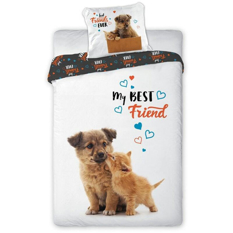 Literie en coton 140x200 chat chien mon meilleur ami 3170 chat et chien graphite blanc chat chien double face taie d'oreiller jeunesse 70x90