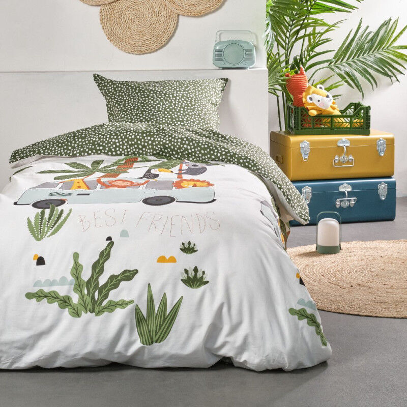 Parure de lit simple à motif - Blanc et vert - l 140 x l 200 cm - Livraison gratuite