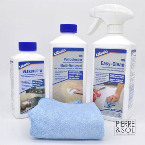 Lithofin – Kit d'entretien pour granit – MN Multi-Nettoyant 500 ml – Vlekstop W 250 ml – MN Easy-Clean spray 500 ml