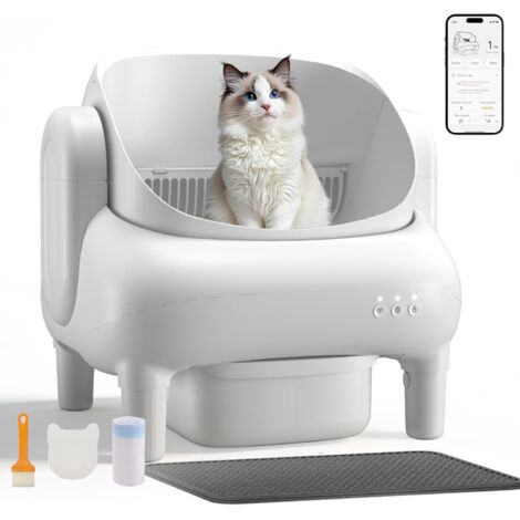 Litière Auto-Nettoyante pour Chat avec Design Ouvert, App et Capteurs, Tapis Anti-Déversement, Idéal Multi-Chats, Blanc