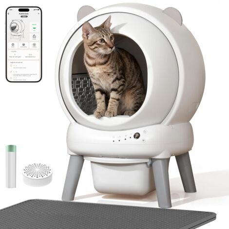 Litière chat autonettoyante capacité maximale de 65l, bac à litière pour chat alerte intelligente via contrôle app, surveillance santé, capteur infrarouge, adapté à de nombreux types de litière