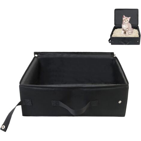 Litière de voyage portable pour chat - Avec couvercle - 40 × 30 × 15 cm - Pliable - Étanche - Avec poignée - Utile - Pour les voyages, l'extérieur, le camping, la maison - Noir