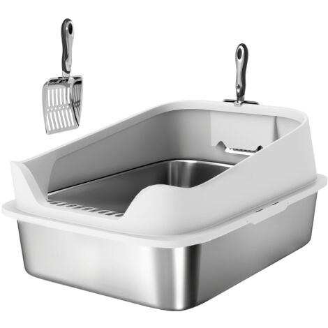 Litière ouverte en acier inoxydable (avec pelle et bords hauts), adaptée aux chats jusqu’à 7 kg, dimensions : 60,2 × 40,2 × 29,7 cm, couleur grise