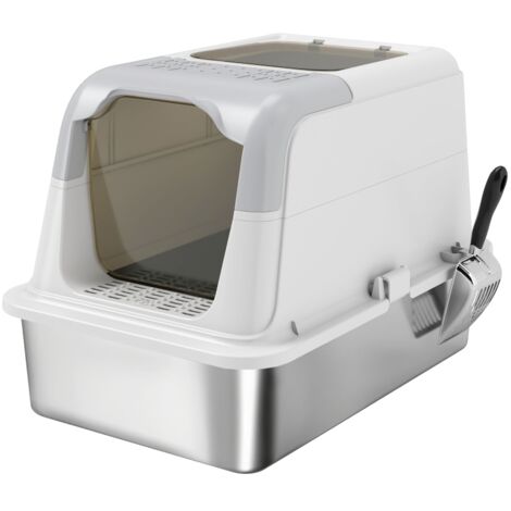 Litière pour chat avec couvercle, bac à litière fermé avec entrée avant et supérieure, pelle incluse, en acier inoxydable, adapté aux chats jusqu’à 15 kg