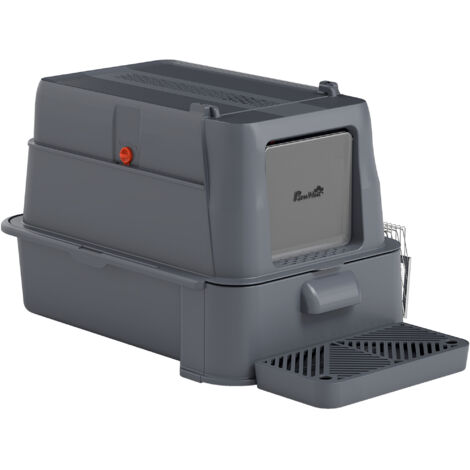 Litière pour Chat Fermée 80L avec Tiroir Amovible, en ABS et Acier Inoxydable, 63x43x43 cm, Gris Foncé