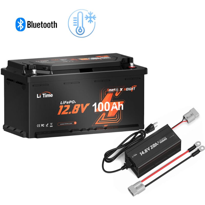 12V100Ah Batterie Lithium LiFePO4 Bluetooth pour Camping-car, rv, Caravane Litime 12V 20A Lithium Chargeur de Batterie(Expédition en Deux Colis)