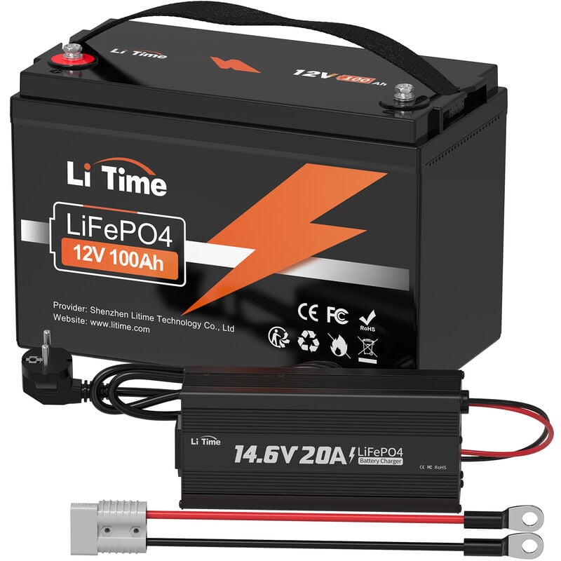 Batterie et Chargeur Lithium 12V 100Ah LiFePO4 Batterie & 12V 20A Lithium Chargeur de batterie Litime Expédition en Deux Colis)