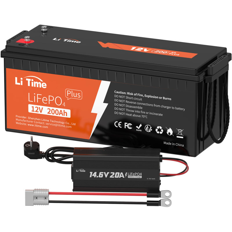 12V 200Ah plus Lithium Batterie LiFePO4 & 12V 20A Lithium Chargeur de Batterie(Expédition en Deux Colis) - Litime