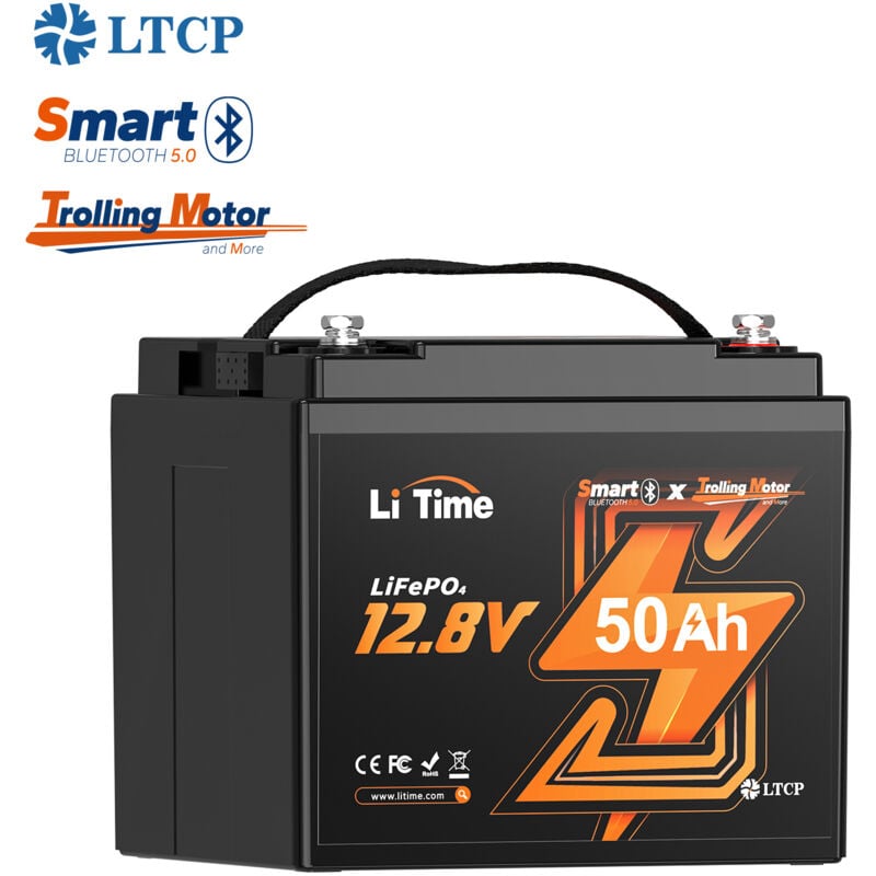 12V 50Ah Batterie Lithium LiFePO4 de Moteur électrique de Pêche à la Traîne Bluetooth Litime bms 50A, Protection contre le froid, 640Wh, 4000+ Cycles
