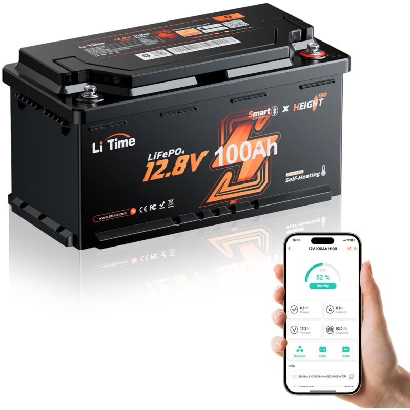 Batterie LiFePO4 12V 100Ah Bluetooth sous Siège-Hauteur 189mm, bms 200A, Décharge 2C, Auto-Chauffage, Protection contre le Froid pour Camping-car,