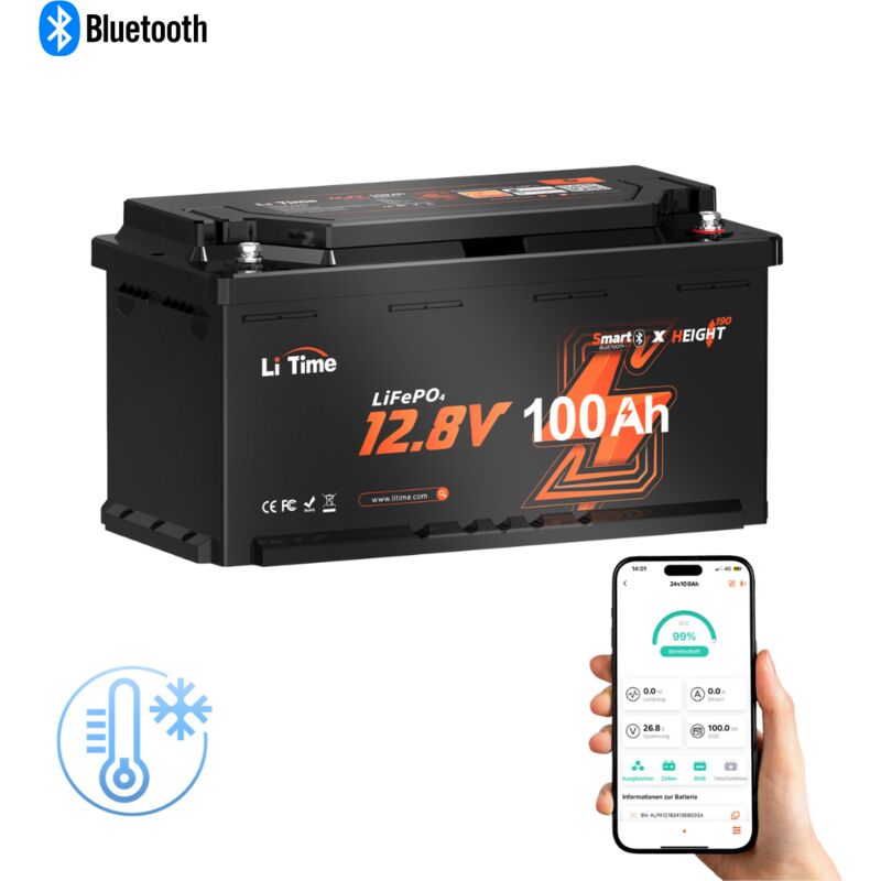 Batterie Lithium 12V100Ah Bluetooth, Hauteur 190mm, bms 100A, Batterie LiFePO4 Sous Siège Litime pour Camping-car, Caravane, vr, Van Aménagé, Système