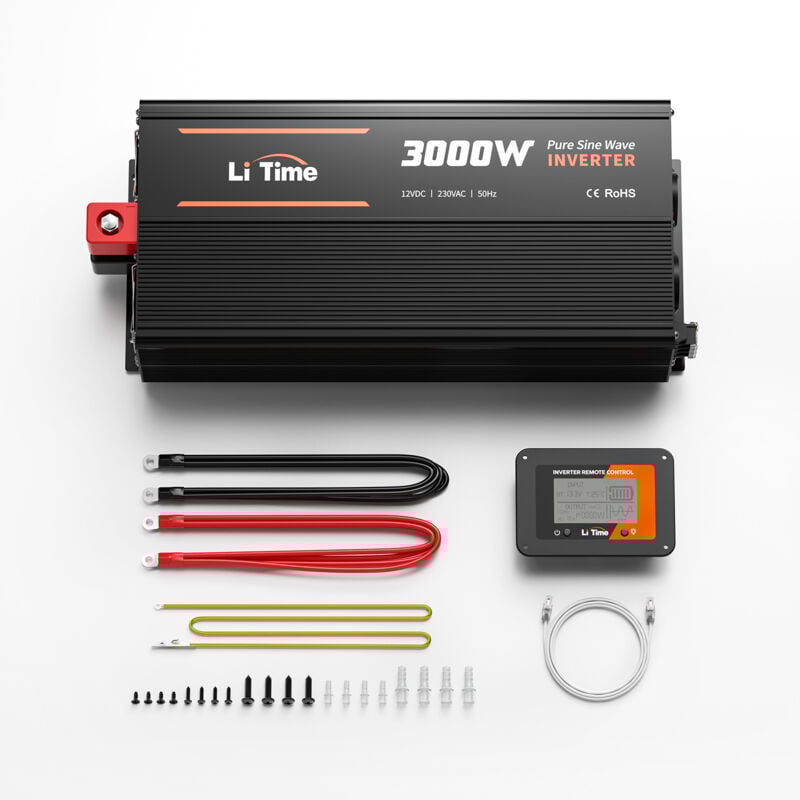 Litime - Convertisseur 12VDC à 230VAC 3000W onduleur sinusoïdal pur pour rv, camping, onduleur solaire hors réseau avec prise 2 ac, écran de