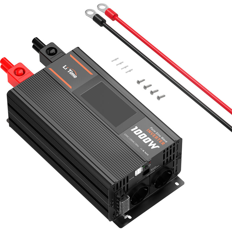 Litime - Convertisseur 12VDC à 230VAC 1000W onduleur sinusoïdal pure avec 2 ac Prises ,écran de surveillance pour rv, camping, onduleur solaire hors