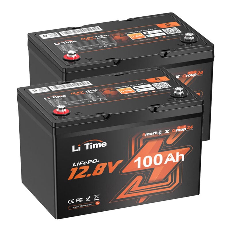 12V 100Ah Groupe 24 Bluetooth LiFePO4 Batterie au Lithium avec bms 100A, Rechargeable, 4000-15000 Cycles Profonds, pour Camping-cars, Caravane,