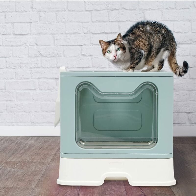 Litière pliable pour chat - 51 x 41 x 38 cm - Avec couvercle - Facile d'entretien - Résistant aux éclaboussures - Poubelle fermée avec tiroir - Bleu