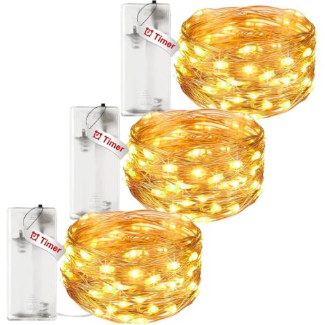 Litogo 3er-Pack LED-Lichterkette mit Batterie und Timer, 3 m, 30 LEDs, Kupferdraht, für den Innenbereich, batteriebetrieben (AA-Batterie), ideal für Partydekoration und Weihnachten