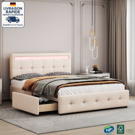 Lits 4 tiroirs 140x200 cm, sommier à lattes, LED, sans matelas, lit double, lin, beige