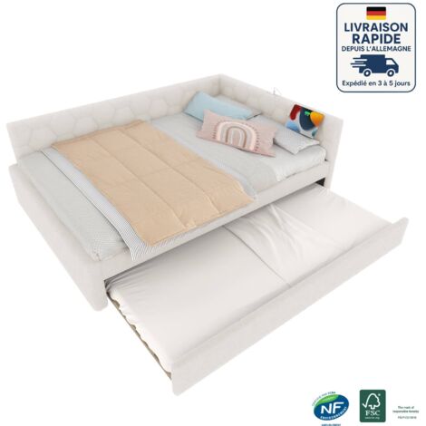 Lits adultes 140x200 cm, lit double avec lits gigognes 89x188 cm, USB, imitation velours de laine, blanc