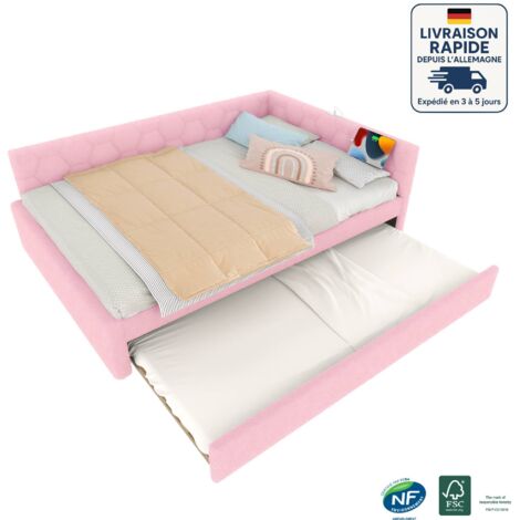 Lits adultes 140x200 cm, lit double avec lits gigognes 89x188 cm, USB, velours imitation laine, rose