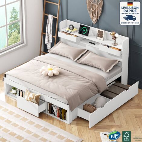 Lits avec tiroirs, USB, sans matelas, blancs, en bois, lits adultes, 140x190cm
